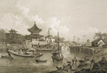 Chinese schuiten van de ambassade die door een sluis van het Grote Kanaal varen, gegraveerd door Benjamin Thomas Pouncy, gepubliceerd door G. Nicol, 1796